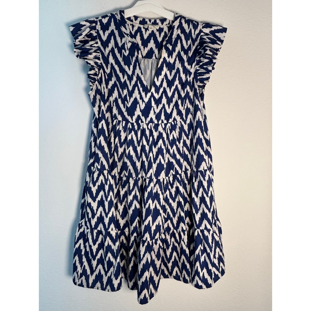 Umgee USA Blue White Ikat Chevron Tiered Mini Dress Ruffle Sleeve Small